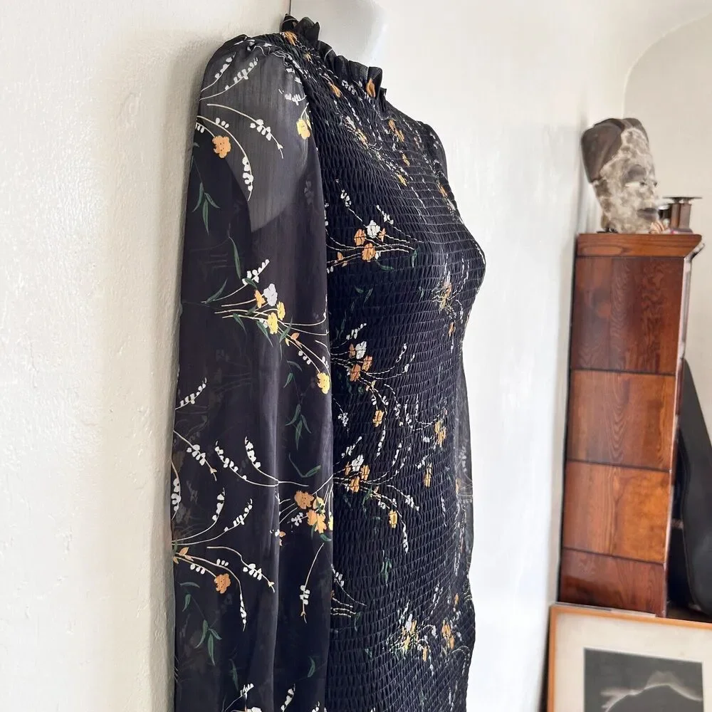 Floral O Vianca Mini Dress Black Smocked Bodycon bodice Sheer Sleeves Sz S